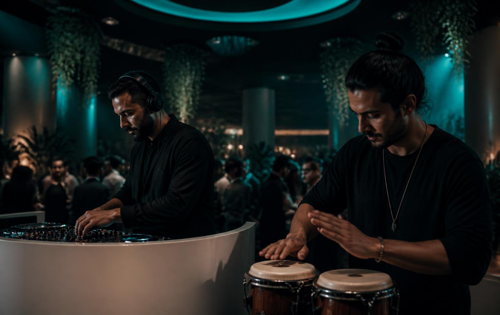 Percussionist playing bongos alongside a DJ at an event