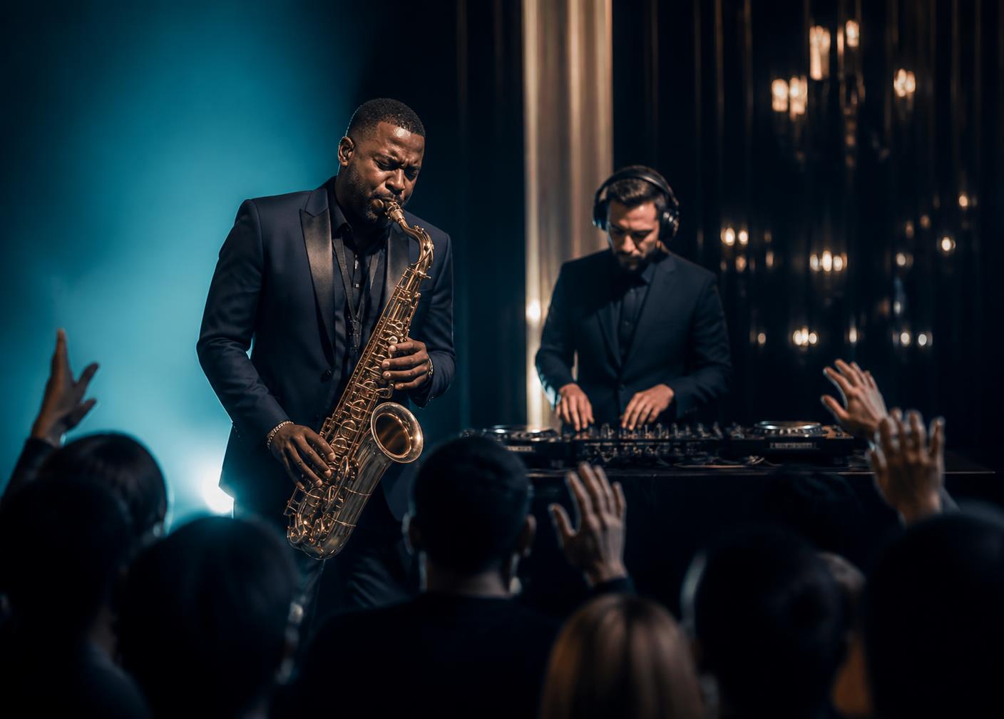A saxophonist performing alongside a DJ at an evening event